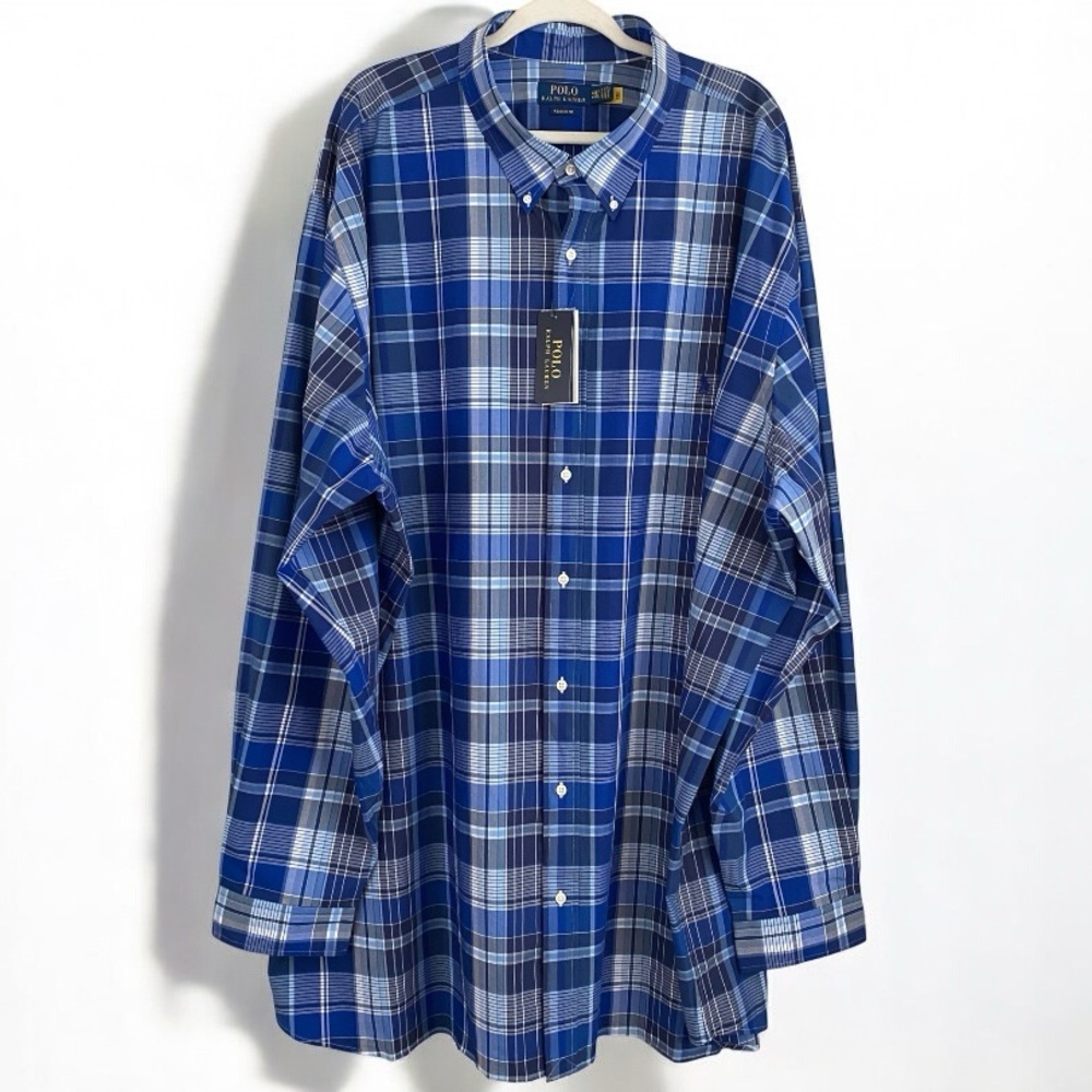 PLUS Ralph Lauren NWT Men’s Big & Tall‎ Blue White Plaid Cotton Button Down 4XLT